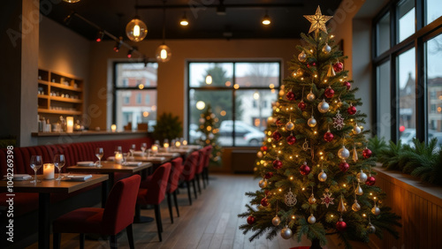 Festive christmas tree in cozy restaurant setting for holiday dining