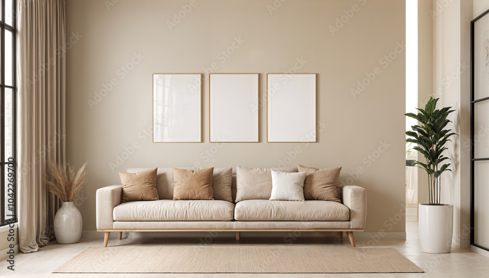 Fototapeta premium Modern minimalistic living room design in beige color with empty poster frames , mock up.