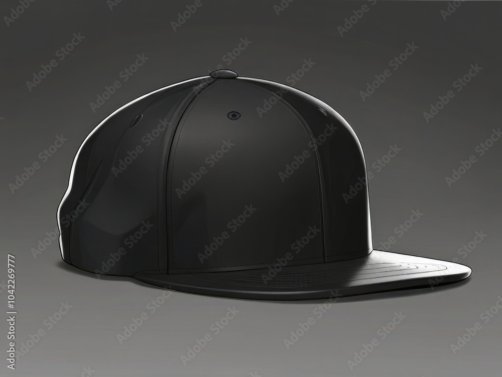 Fototapeta premium Illustration of black snapback on dark background. Mock up hat cap for you logo, brand identity etc. Generative AI