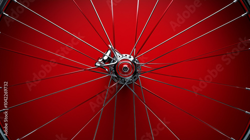 Close-up of bicycle wheel spokes on red background