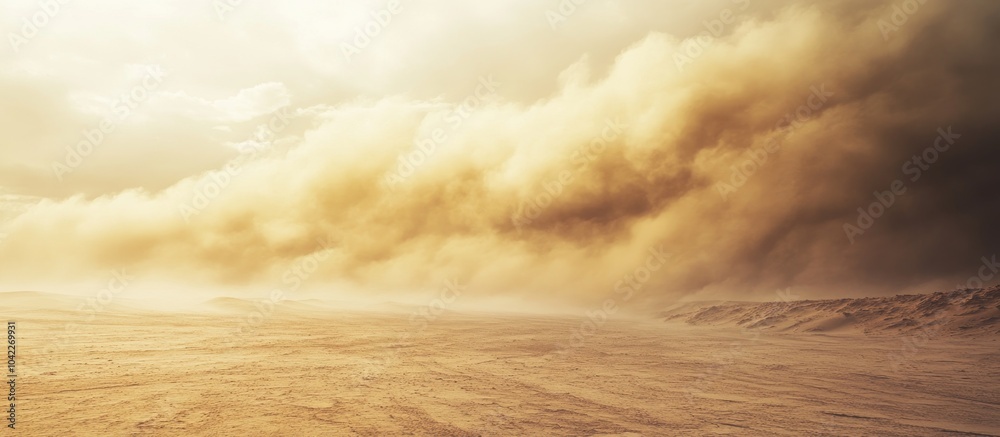 A massive sandstorm rolls in over a desert landscape. A massive sandstorm rolls in over a desert landscape.