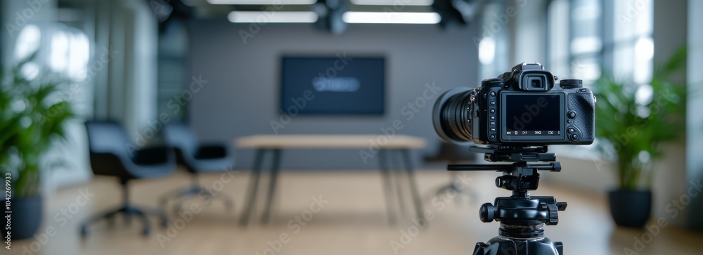 A professional DSLR camera on a tripod is set up in a modern studio, representing video production, content creation, and filming.. A professional DSLR camera on a tripod is set up in a modern studio, representing video production, content creation, and filming..