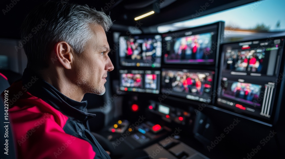 A technician working in a control room, monitoring several screens showing live footage, representing broadcasting and media production. A technician working in a control room, monitoring several screens showing live footage, representing broadcasting and media production.