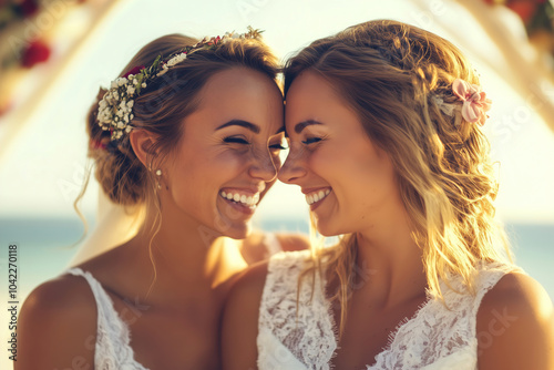 Two brides joyfully smiling together at a beach wedding during sunset, with floral hairpieces enhancing their beauty. Generative AI photo