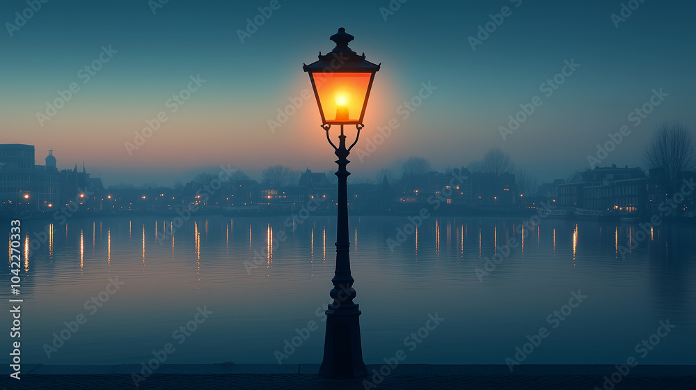 Obraz premium Foggy evening by a river with a glowing street lamp in Amsterdam