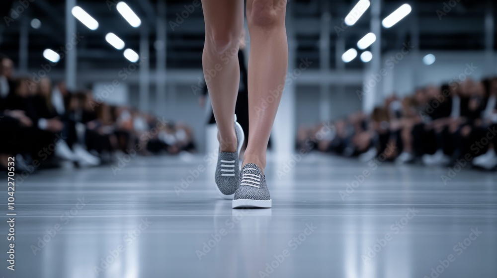Model walking on runway at fashion show.. Model walking on runway at fashion show..