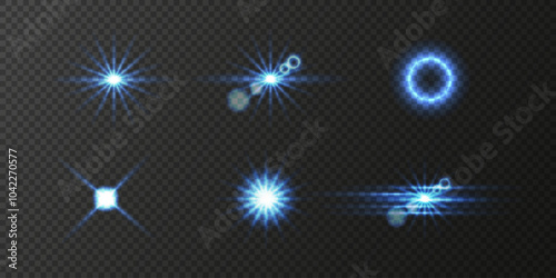 Set of glowing blue light effects, including starbursts, lens flares, and circular halos, on a transparent background. Vector illustration for creating lighting effects in graphic design and digital