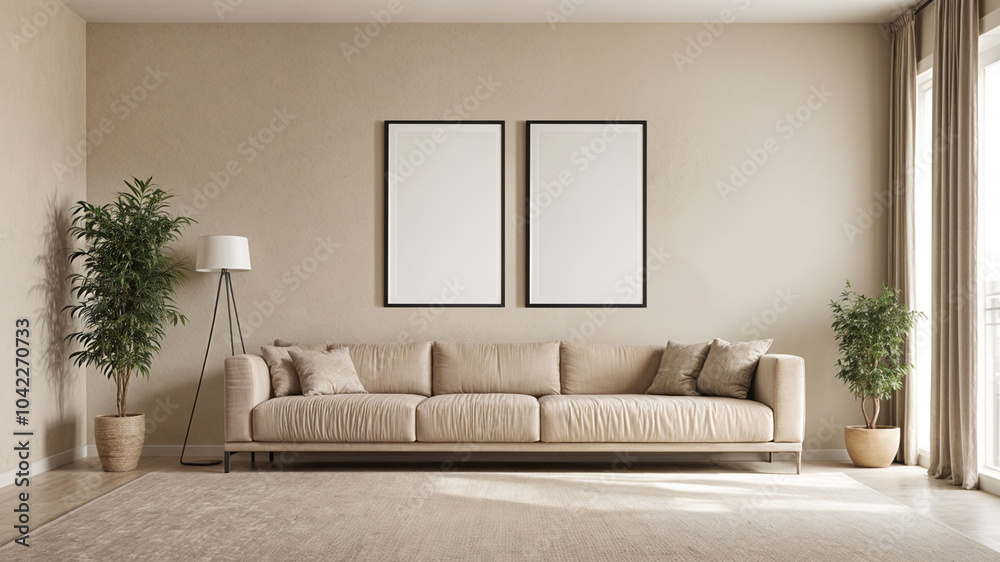 Fototapeta premium Modern minimalistic living room design in beige color with empty poster frames , mock up.