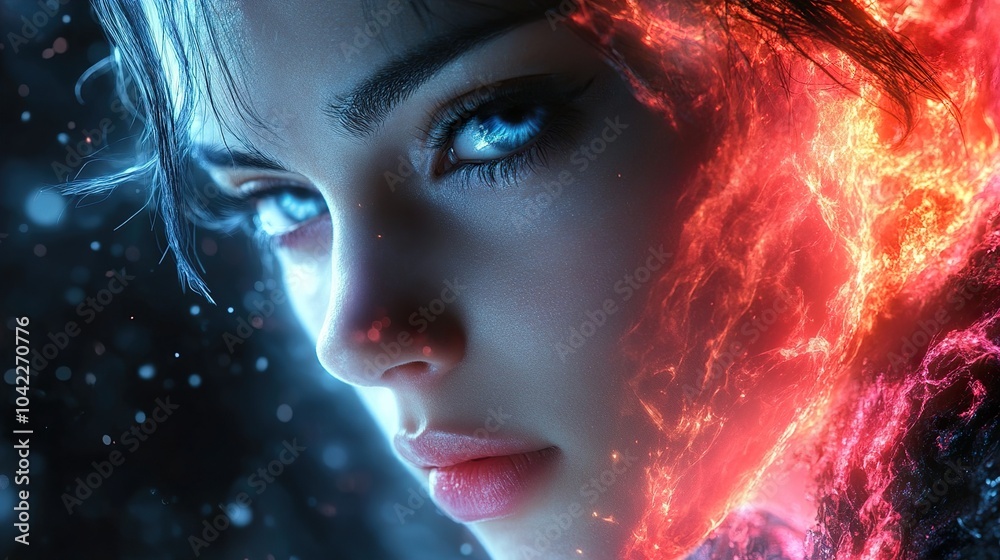 Fiery Woman Portrait: Digital Art with Glowing Eyes Fiery Woman Portrait: Digital Art with Glowing Eyes
