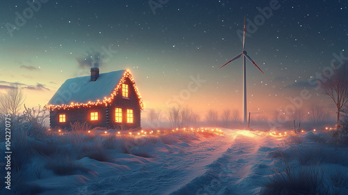Snowy cabin with Christmas lights and wind turbine at dusk