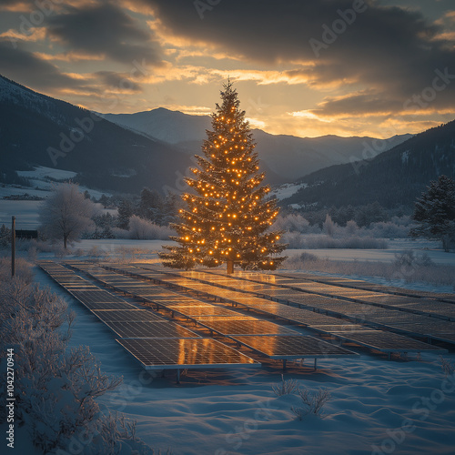 Christmas tree lit up next to solar panels in snowy mountain field