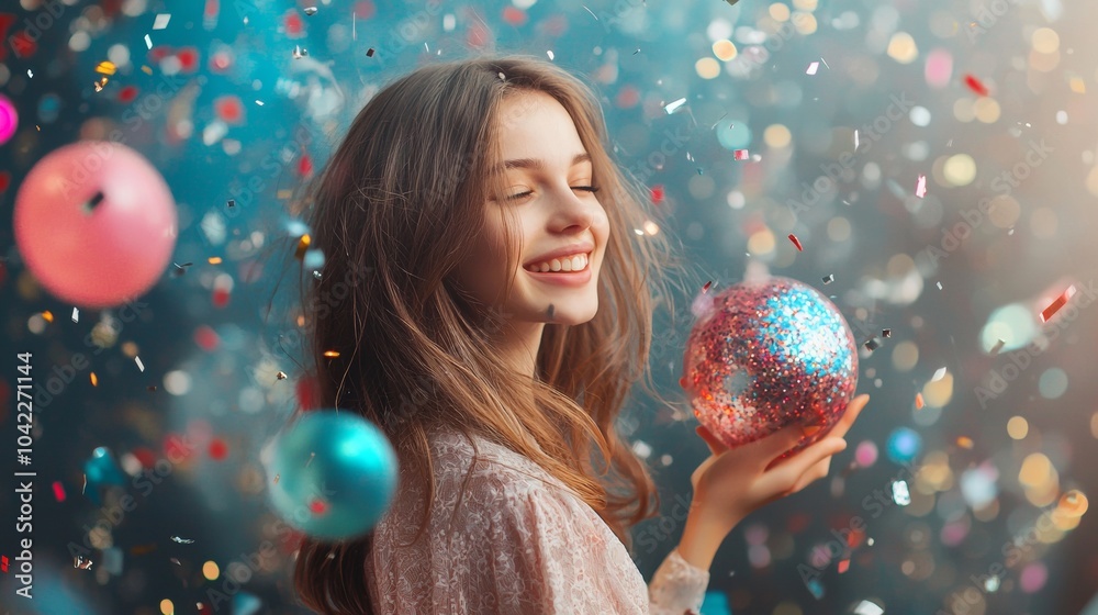 Naklejka premium Happy Woman Celebrating with Glitter and Confetti