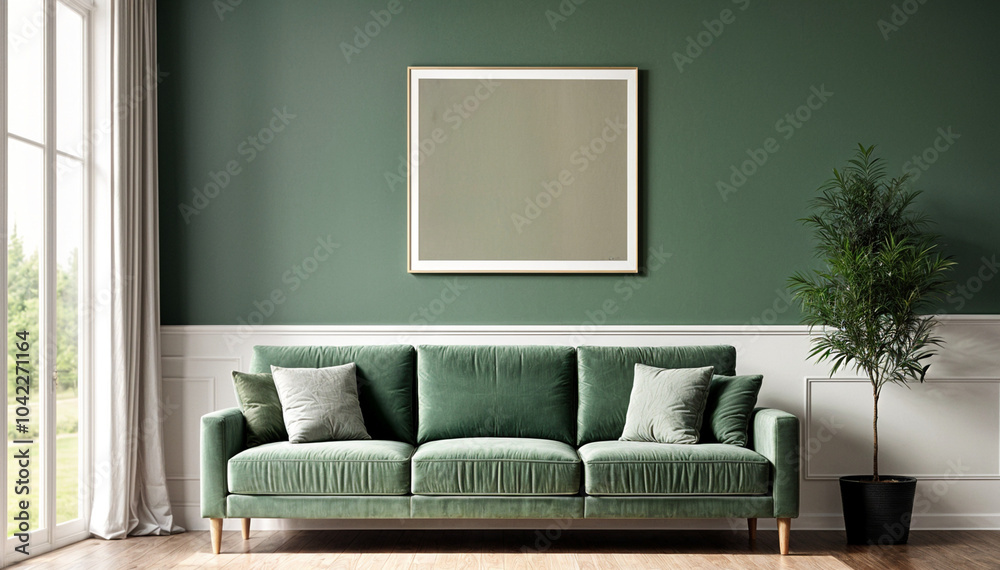 Fototapeta premium Modern minimalistic living room design in green color with empty poster frames , mock up.