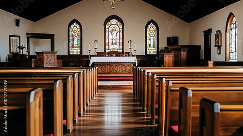 Explore the Tranquil Interior of a Historic Church Featuring Stunning Stained Glass and Wooden Pews in a Serene Setting