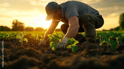 A farmer kneels while planting crops in a field during sunset, symbolizing hard work and agriculture..