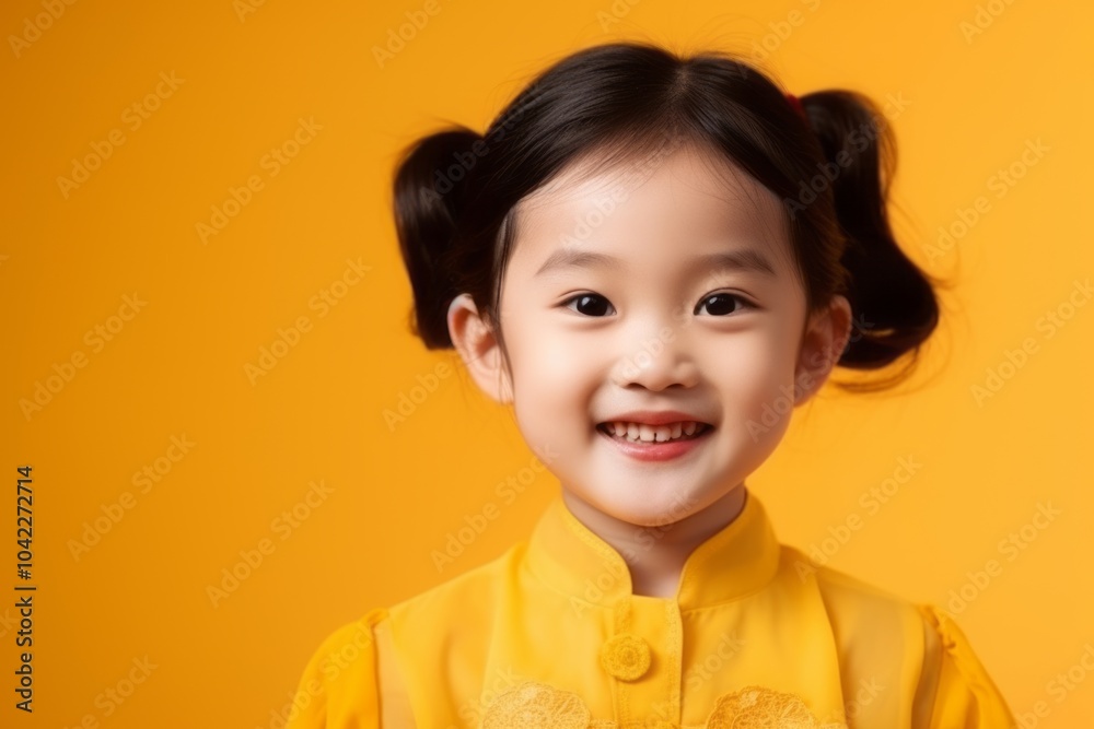 Portrait of a smiling little asian girl on yellow background. Portrait of a smiling little asian girl on yellow background.