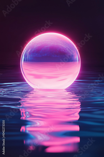 Glowing Pink Sphere on Reflective Water Surface