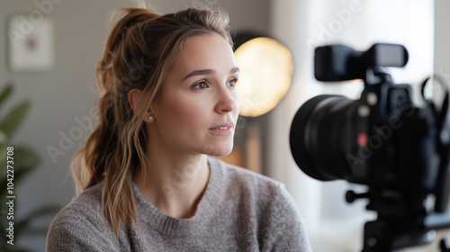 Content Creator Filming Vlog in Home Studio with Professional Equipment photo