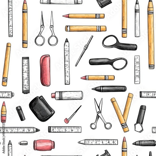 Childlike doodlestyle school supplies in seamless pattern photo