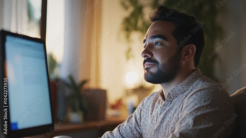 Hispanic man at home engaged in video conference in cozy setting Hispanic man at home engaged in video conference in cozy setting