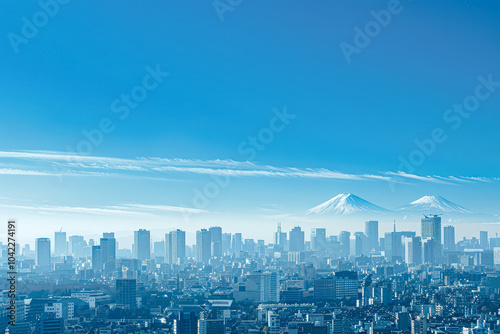 Canvas Print City skyline with a blue sky and mountains in the background