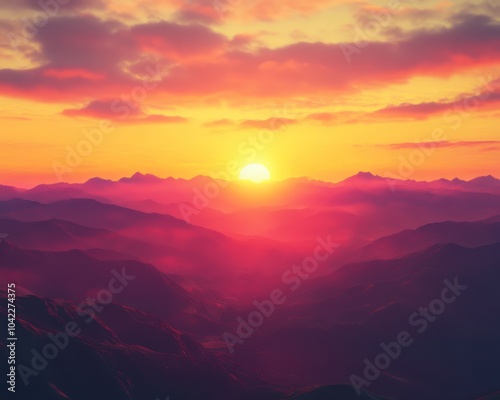 A stunning sunset over a mountain range with colors blending harmoniously representing unity and diversity