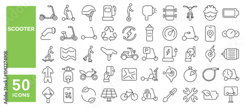Set of 50 line icons related to scooter, electric, rental, helmet, speed, ride, motorcycle, wheel, biker, Editable stroke. Vector illustration
