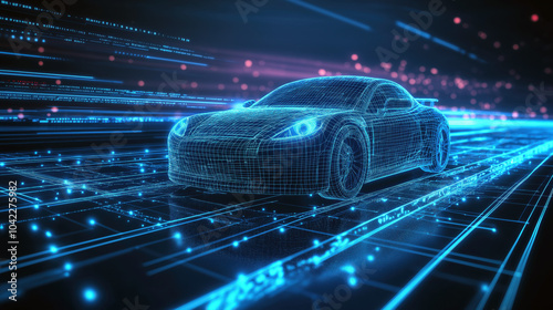 Futuristic Car Rendered in Wireframe with Digital Data Elements on a High-Tech Virtual Roadway