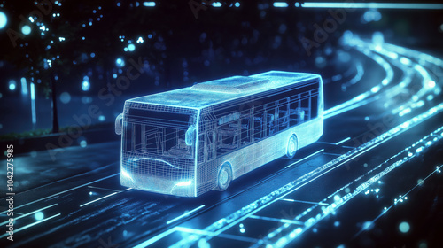 Futuristic Wireframe Bus with Data Visualization Elements auto pilot bus ai technology
