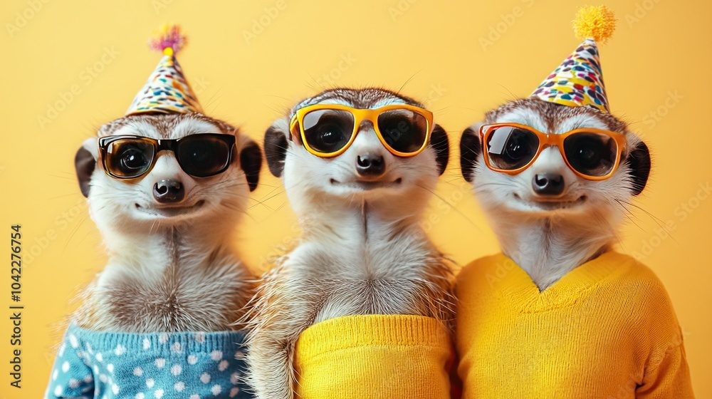 imaginative animal idea. A bunch of Meerkats wearing bright, stylish clothing are isolated on a solid background for an advertisement with copy space. Banner for birthday party invitations imaginative animal idea. A bunch of Meerkats wearing bright, stylish clothing are isolated on a solid background for an advertisement with copy space. Banner for birthday party invitations