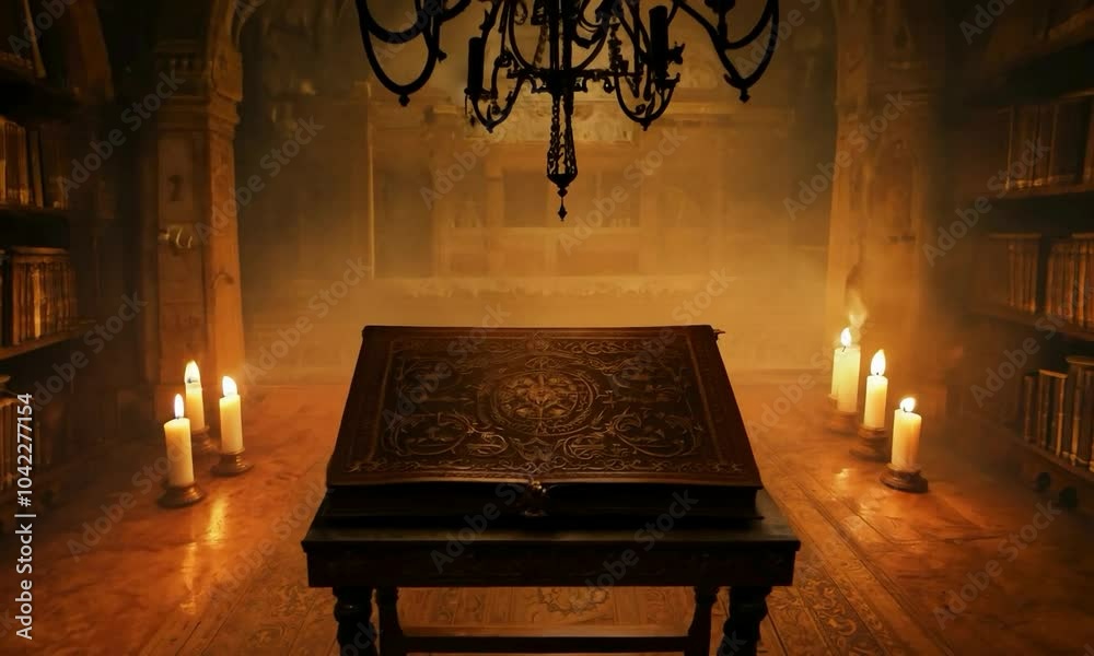 Dolly shot with candlelight: The camera starts in a dimly lit, candle-filled chamber with ancient, dusty bookshelves and cobweb-covered chandeliers. The camera dollies forward, showcasing a large, lea