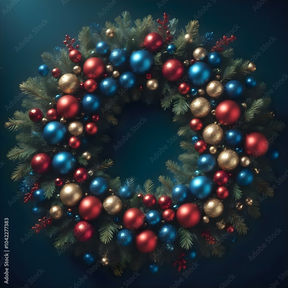 Colorful christmas wreath on dark background. AI generated Colorful christmas wreath on dark background. AI generated