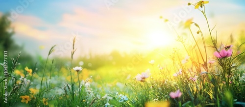 A field of wildflowers with a soft, golden sunset behind them.