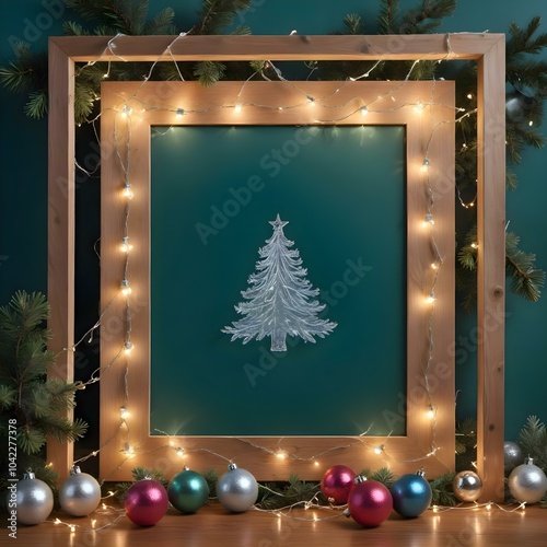 Christmas tree painting in a wooden frame with green background decorated with Christmas garland lights and fir branches. AI generated