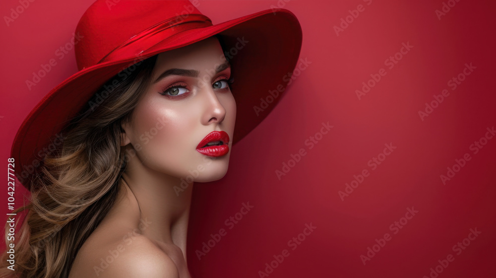 Eautiful fashion woman in a red hat posing on a red background, commercial photo, red lips. Eautiful fashion woman in a red hat posing on a red background, commercial photo, red lips.