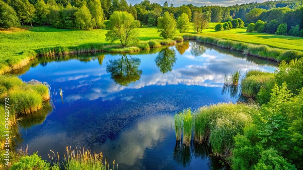 Reflection of green trees, grass, reeds in pond from high angle view Reflection of green trees, grass, reeds in pond from high angle view
