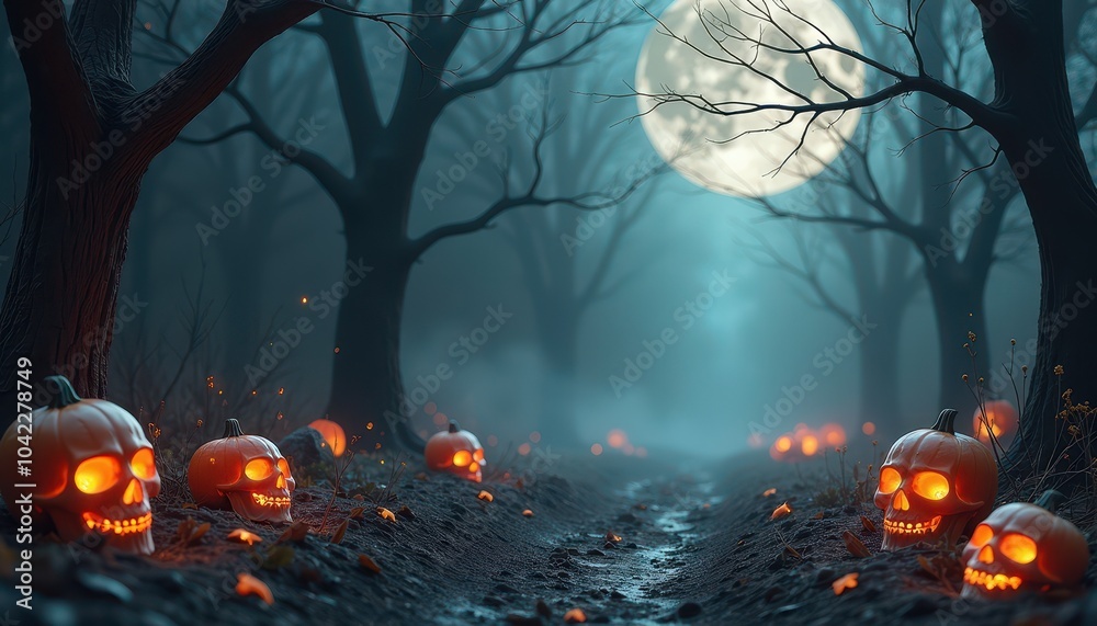 Free space in the middle, surrounded with Halloween stuff dark branches, glowing skulls, eerie mists, copy space Free space in the middle, surrounded with Halloween stuff dark branches, glowing skulls, eerie mists, copy space