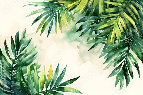 A watercolor painting of palm leaves on a white background