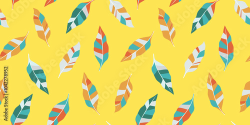 Seamless pattern with bright abstract tropical leaves on a yellow background. Vector graphics.