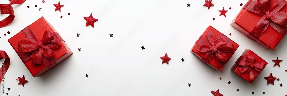 Elegant display of red gift boxes and decorative stars scattered on a white snowy backdrop, perfect for holiday-themed projects. Elegant display of red gift boxes and decorative stars scattered on a white snowy backdrop, perfect for holiday-themed projects.