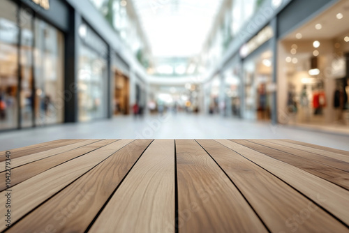 Wooden table with brightly colored designer bags and shoes on display in a modern mall setting.