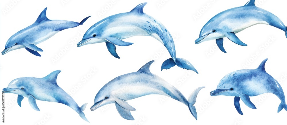 Six watercolor dolphins leaping in a variety of poses against a white background. Six watercolor dolphins leaping in a variety of poses against a white background.