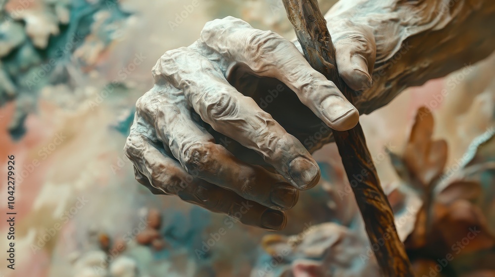 Sculpted hand grasping a staff soft lighting enhancing fine details of fingers Sculpted hand grasping a staff soft lighting enhancing fine details of fingers
