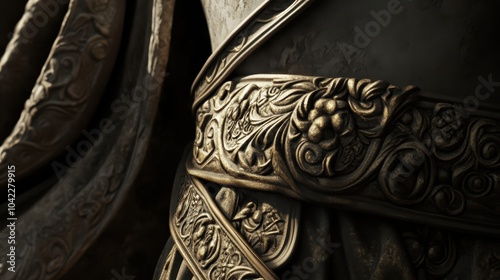 Statue's belt with detailed carvings and soft shadows illuminated by gentle light photo