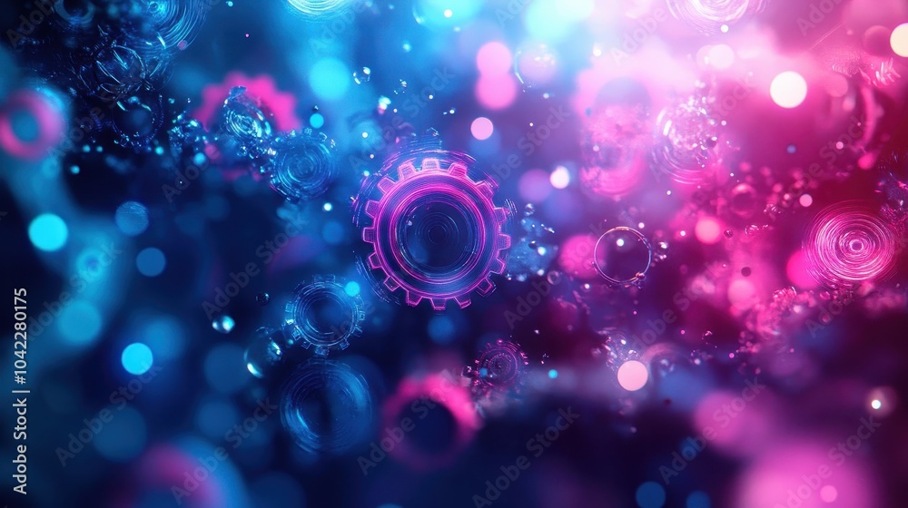 Neon lights and glowing gears in a vibrant backdrop with fluid textures and floating particles Neon lights and glowing gears in a vibrant backdrop with fluid textures and floating particles