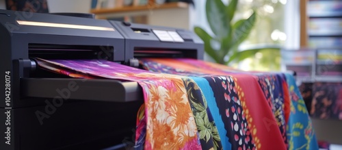 A large format printer prints colorful fabric with vibrant patterns.