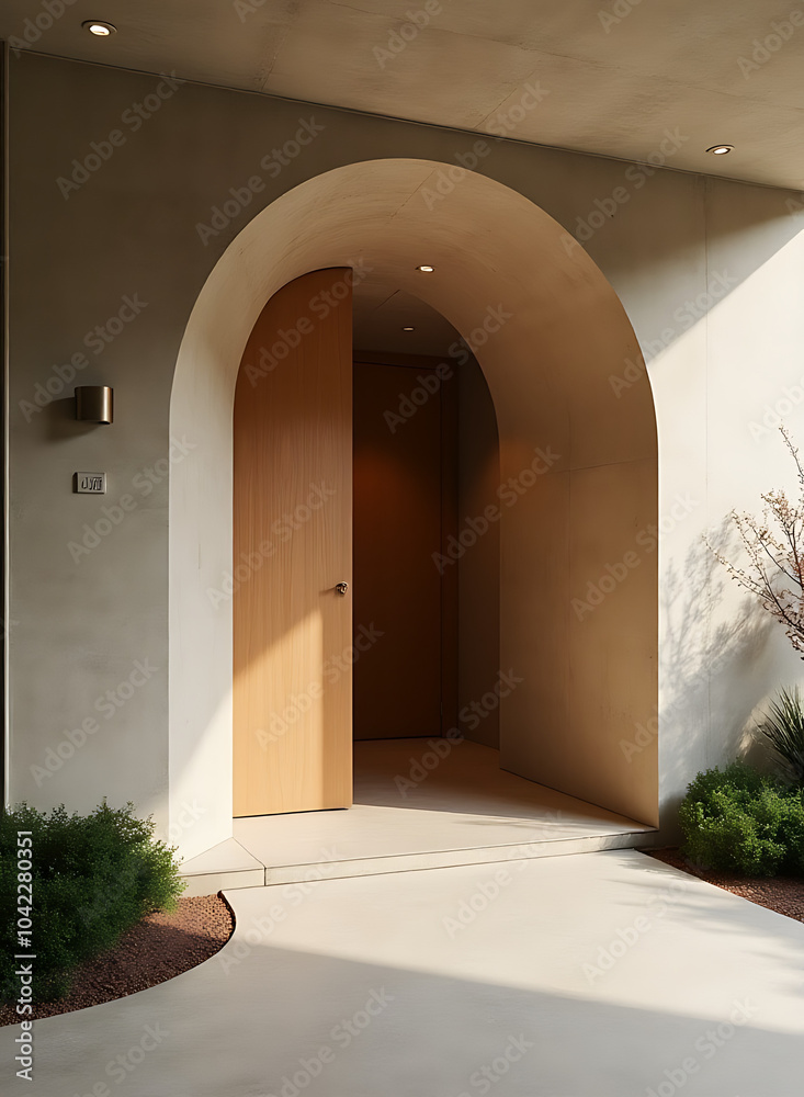 Fototapeta premium curved minimalist design earthy tones natural light entrance concrete walls natural