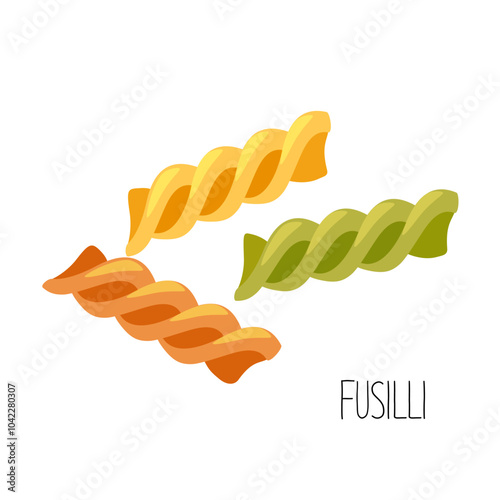 Dry raw italian pasta fusilli with lettering isolated on white background.