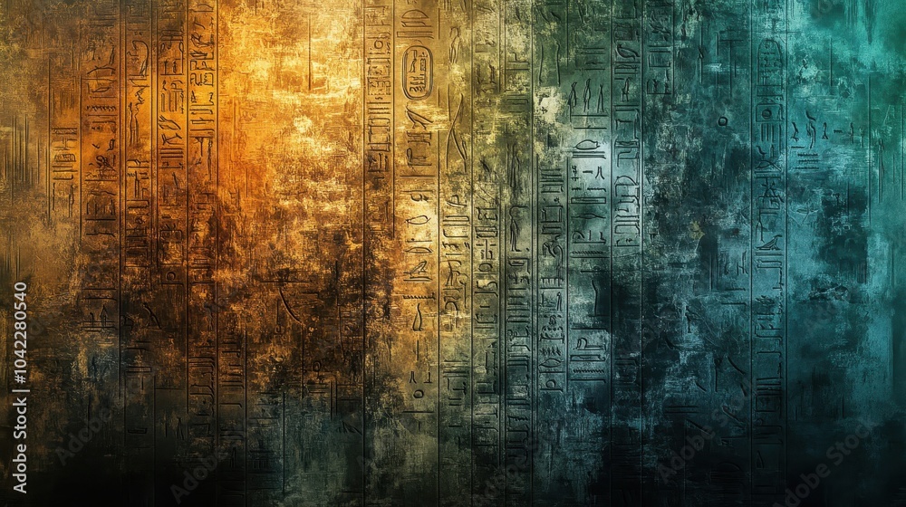 Ancient hieroglyphs glow on a stone-like surface with soft golden light and rich blue-green gradients Ancient hieroglyphs glow on a stone-like surface with soft golden light and rich blue-green gradients