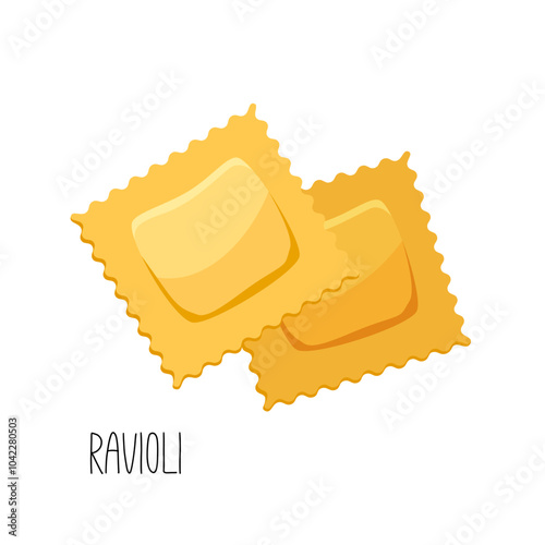 Dry raw italian pasta ravioli with lettering isolated on white background.
